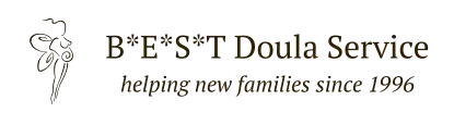 Brown text that says, B*E*S*T Doula Service helping new families since 1996 with a logo of a pregnant woman with fairy wings.