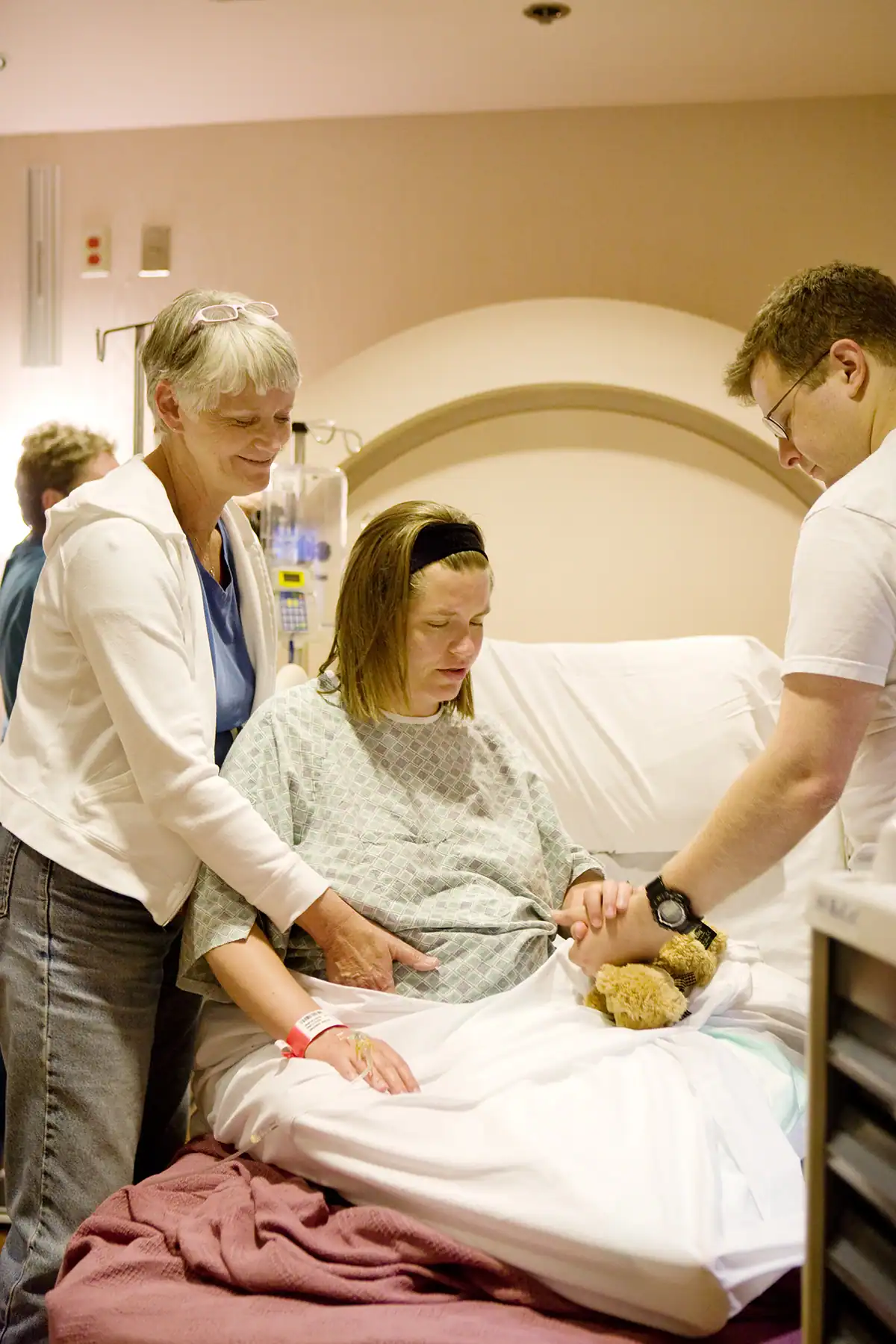 A quiet moment between contractions during a hospital birth.